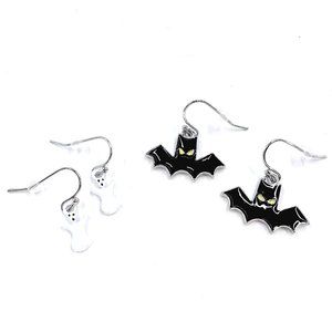 NWOT – Halloween Black Bats & White Ghost Silver Tone Fishhook Earrings